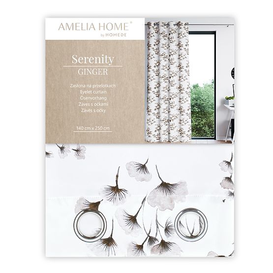 Záves SERENITY biela farba tlačený rastlinný motív klasický štýl strieborné kovové priechodky