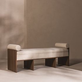 Čalúnená lavica Loppo svetlo béžová, boucle, Orech Wisconsin
