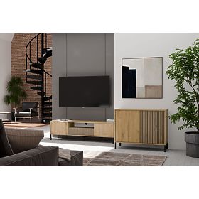 Komoda s drážkovaným čelom Skrinka KAMARO 2D Slim / Hladký DUB ARTISAN Lamely