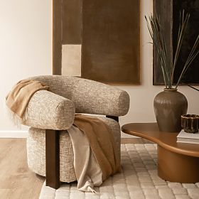 Relaxačné kreslo Maribel béžovošedé/orech, oblý tvar, lectus