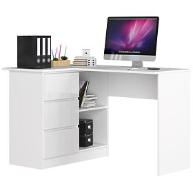ROHOVÝ PÍSACÍ STÔL B16 124 cm ĽAVÝ 3 ZÁSUVKY PK BIELY / BIELY LESK