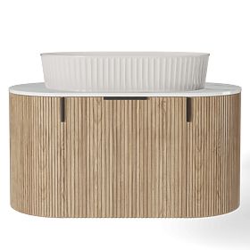 Sada skrinka s doskou a umývadlom La simplicite 80 cm, drážkovaná, zaoblená, Glit White/dub