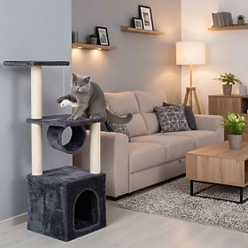 Škrabadlo pre mačky, pelech, stĺpik, veža na škrabanie, domček 94 cm sivá Petsi, PETSI