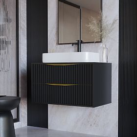 Skrinka pod umývadlo na dosku Avila 2.0, 80 cm, ryhovaná, zlaté úchyty, čierna
