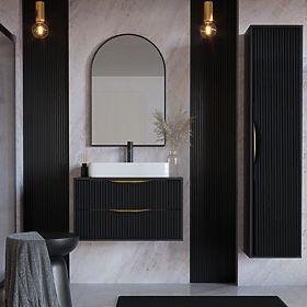 Skrinka pod umývadlo na dosku Avila 2.0, 80 cm, ryhovaná, zlaté úchyty, čierna