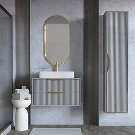 Skrinka pod umývadlo na dosku Avila 2.0, 80 cm, ryhovaná, zlaté úchyty, sivá