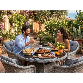 Súprava stolového nábytku z technoratanu (4 kreslá + okrúhly stôl) MODERNO svetlosivá