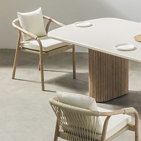 Záhradná stolička Rovigo s pleteným lanom, svetlé akáciové drevo/svetlá béžová, zaoblená, lectus