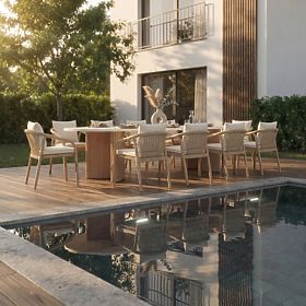 Záhradný stôl Komorebi 270 cm s kamennou doskou, svetlé akáciové drevo/svetlo béžová, oválny, lamely