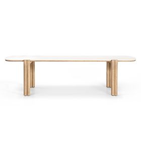 Záhradný stôl Komorebi 280 cm s kamennou doskou, svetlé akáciové drevo/svetlo béžový, obdĺžnikový